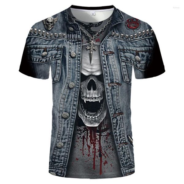 Erkekler Tişörtleri Punk 3D Baskı T-Shirt Siyah Kısa Kollu Denim Kafatası Deseni Genç Moda Sokak Giyim