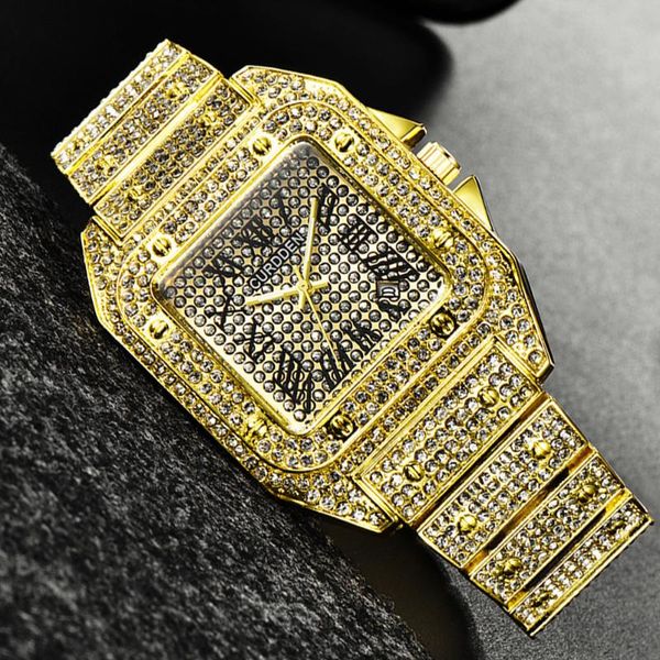 Armbanduhren Hip Hop Uhr für Männer Gold Edelstahl Herrenuhren Mann Quarz Armbanduhr Luxus Iced Out Diamant Männliche Uhr Reloj Hombre