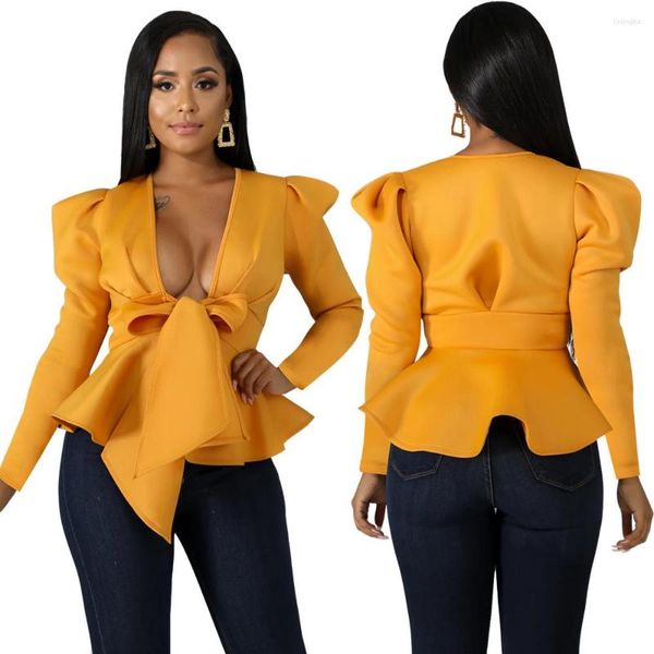 Damenjacken Rüschen Schnürung Kurze Dame Puffy Sleeve Bow Echte Probe Frauen Sexy Tiefer V-Ausschnitt Club Mwear Mäntel Strickjacke Frühling /