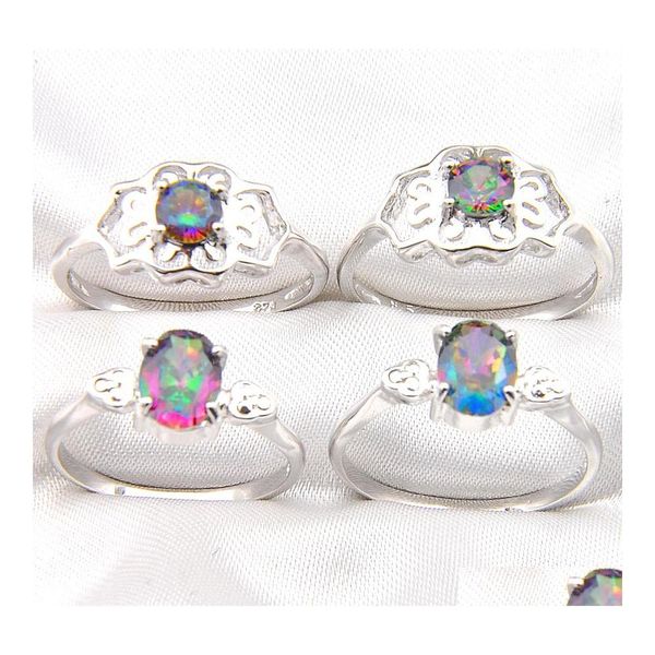 Ringos de cluster 10 PCs Rainbow Mystic Topazes Gems 925 Sterling Sier Ring for Womens Wedding Engagemet Jóias Americanas da Austrália Dh7un