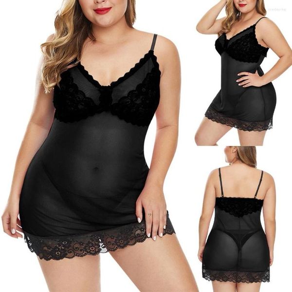 Robes grande taille Sexy femmes vêtements de nuit Perspective dentelle chemise de nuit mince Homewear vêtements de nuit sans manches chemise de nuit robe de nuit