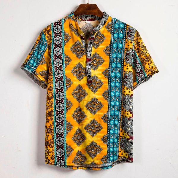 Männer T-shirts Druck Leinen Ethnische Bluse Hülse Kurze Hawaiian Baumwolle Französisch Kleid Hemd Männer Button-Down-Kragen Für