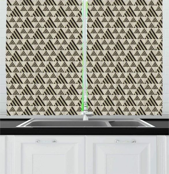 Cortina de cortina curvatura de carvão cinza cortinas geométricas de cozinha abstrro padrão inspirado padrão com triângulos listrados diagonais em linhas para cozinha