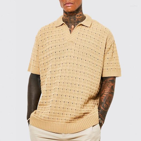 Camisetas masculinas primavera decote em V malha elasticidade camisa masculina casual sólida com nervuras polo pulôver verão manga curta blusas soltas Harajuku