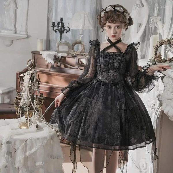 Vestidos casuais, design original design op lolita diariamente vestido de fada fofo mulheres manga longa doce preto