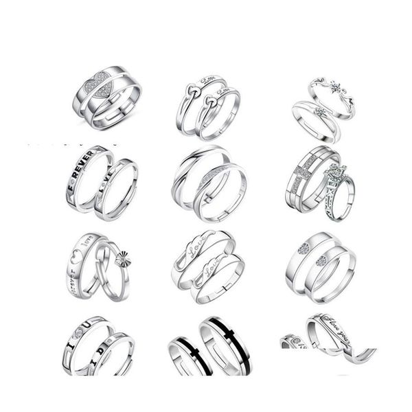 Anillos de banda 16 estilos 925 Sterling Sier Pareja con apertura de diamantes de imitación Amantes del romance ajustables para mujeres y hombres Joyería de moda Dr Otwhy