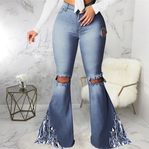 Frauen Jeans Frauen 2023 Vintage Skinny Flared Denim Hosen Streetwear Fest ausgeschnittenes Loch Ripped High Taille Quasten Übergroße Hosen