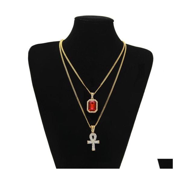 Подвесные ожерелья хип -хоп ювелирные изделия египетские крупные ключевые наборы ANKH Мини -квадратный рубиновый сапфир с кубинским звеном поперечного очарования для мужчин Fashio Otm1p