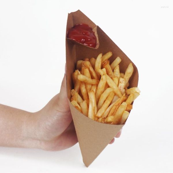Set di stoviglie usa e getta a forma di cono creativo scatola di patatine fritte sacchetto di carta kraft impermeabile e anti-olio pacchetto fritto 100 pezzi