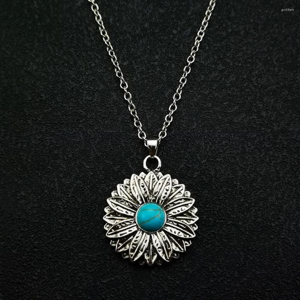 Collane con ciondolo Collana con girasole blu turchese europeo e americano Gioielli femminili con fiori bohémien retrò