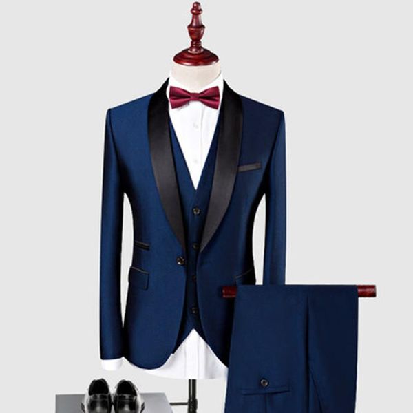 Abiti da uomo Smoking da sposo blu royal personalizzati Blazer da uomo con risvolto nero 3 pezzi Abiti da sposa da uomo Blazer da sposo