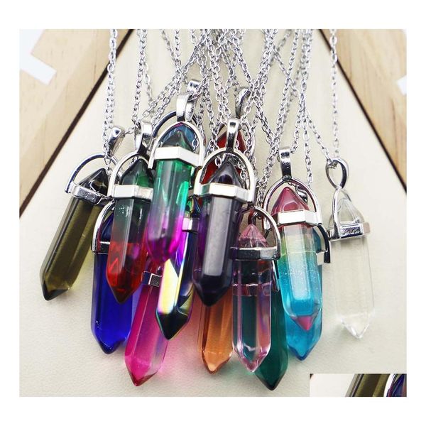 Colares pendentes de vidro arco -íris de coluna hexagonal de vidro ponto preto colar de gabinetes cilíndricos minerais cura jóias de cristal grow dhtyb