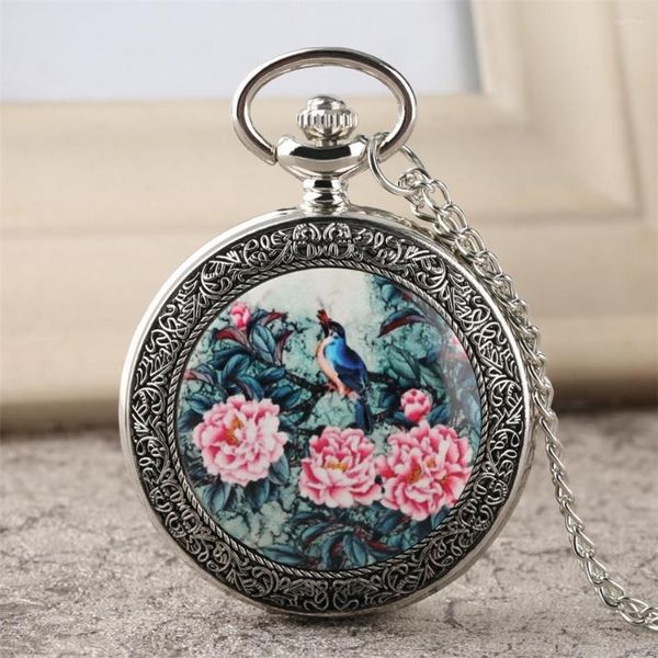Cep Saatleri Vintage Çin tarzı kuşlar Çiçekler Tasarlama Gümüş Kolye İzle Zarif Kolye Saat UNISEX HEDİYALARI DROP