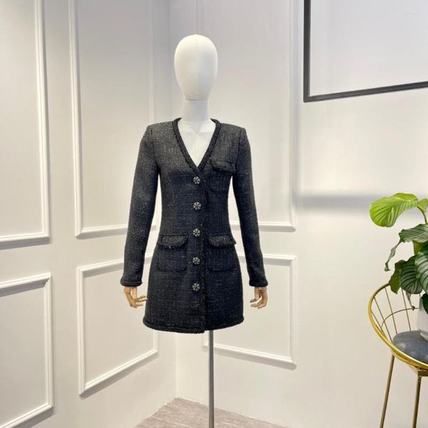 Casual Kleider Ankunft Neueste 2023 Herbst Winter Kollektion Schwarz Spezielle Taste V-ausschnitt Klassische Vintage Büro Frauen Mini