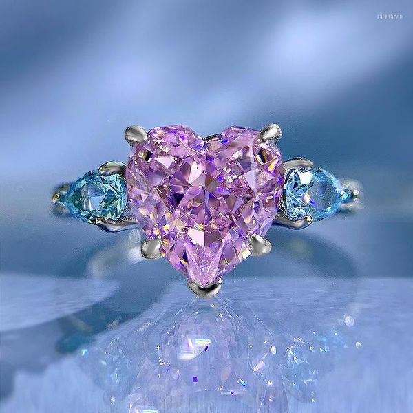 Кластерные кольца S925 Серебряный розовый синий CP 8 Сердца в форме сердца любовь бриллиант-цветок срезан европейский и американский стиль INS