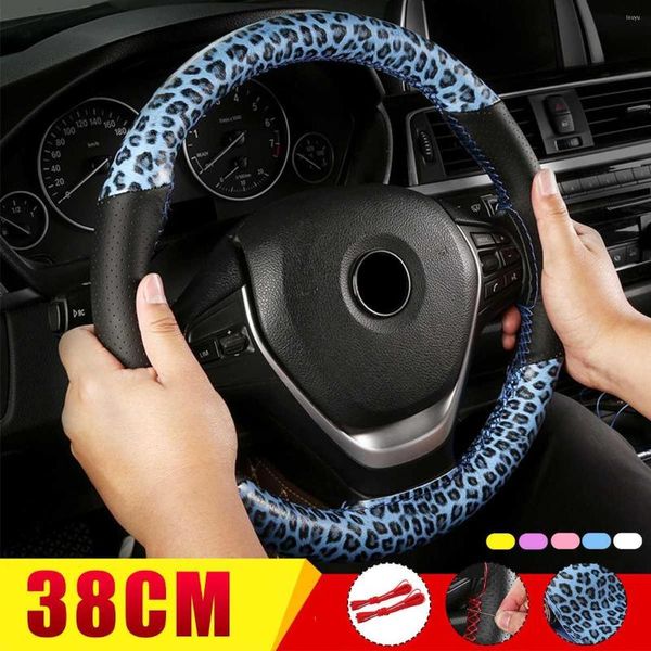 Tampas do volante 5 coloras capa de carro de leopardo diy com rosca de agulha conjunto de linhas de microfibra macia de microfibra fácil fácil