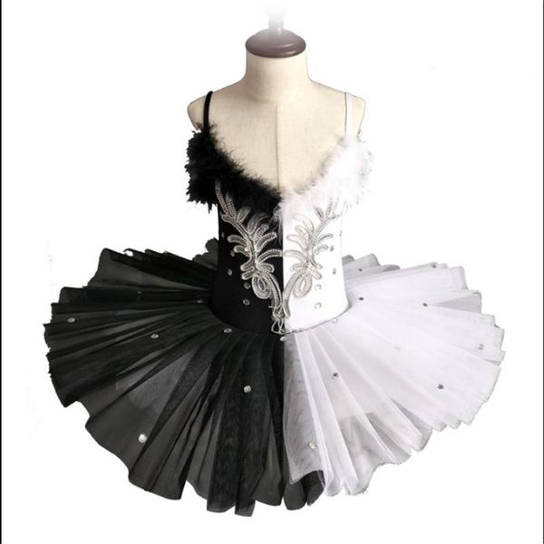 Abbigliamento da palcoscenico Cuciture in bianco e nero Tutu di danza classica Abito da bambina Professionale Lago dei cigni Costumi da ballerina per bambini in pizzo delicato