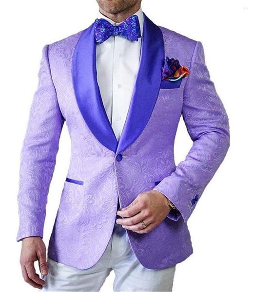 Herrenanzüge 2023 Herren gemusterter Anzug 2 Stück lila Schal Revers Slim Fit Casual Blazer Smoking Trauzeugen für Hochzeit (Blazer Weste Hosen)