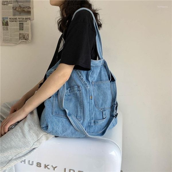 Akşam çantaları denim omuz çantası kadın çanta kadın Japon kot pantolon tuval crossbody tote rahat çoklu cepler mavi haberci