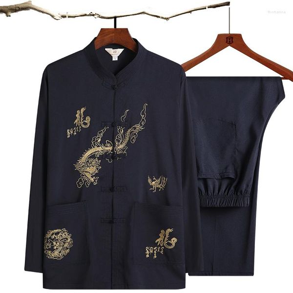 Bühnenkleidung Männer Traditionelles chinesisches T-Shirt Hosen Kleidung Set Orientalischer Tang-Anzug Tai Chi Uniform Langarm Bluse Kostüme SL3001