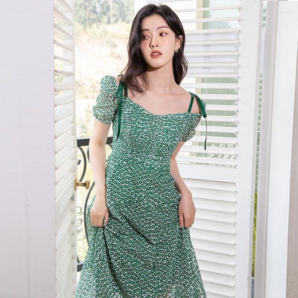 Vestidos casuais Junto de verão Mulheres vestido de esteira verde estampa floral alta cintura chiffon manga curta feminina fã feminina uma linha