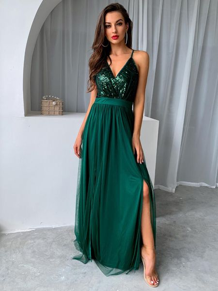 Freizeitkleider, Pailletten, rückenfrei, Nähte, Gaze, Abendkleid, Damen, Sommer, sexy Hosenträger, Pailletten, Schlitze, großer Swing, Partykleid, lässig