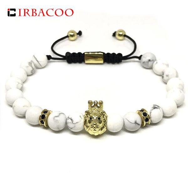 Bracelets de charme Irbacoo Moda Men Bracelet Black White Marble 8mm Macram de pedra natural com Lion for Jewelry Gift