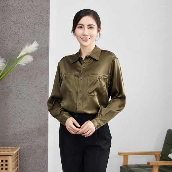 Frauen Blusen 2023 Frühling Herbst frauen 93% Echte Seide High-End-Shirts Armee Grün Drehen Unten Kragen Casual tops