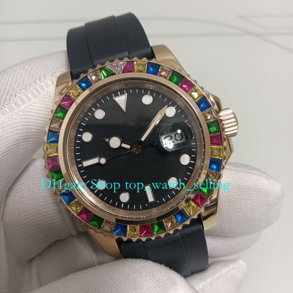 Orologio da uomo con scatola Orologi da polso da uomo Quadrante nero da 40 mm con gemme multicolori Arcobaleno con diamanti Cinturino in caucciù in oro rosa Orologi automatici