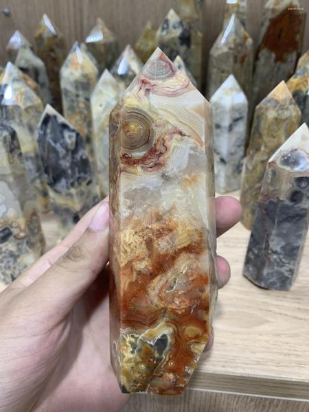 Bolsas de jóias coluna de cristal natural Crazy Agate Hexagonal Prism Móveis para casa são polidos à mão