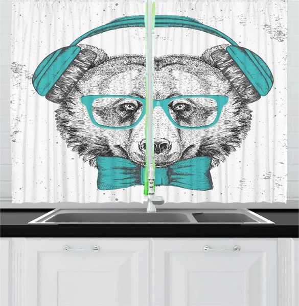 Cortina de cortina azul -cinza Cretans de cozinha de animais esboçados Urso de hipster de mão com fones de ouvido Corta de janela de gravata borboleta