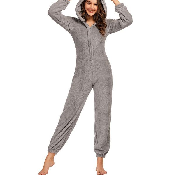 Damen -Jumpsuits Rolmers Winter Plüsch Strampler Pyjamas Langarm Reißverschluss Bären Ohrhörer Hoodies Halten Sie warme Jumpsuit Homewear Girls Kleidung