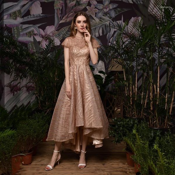 Платья для вечеринок высокое низкое элегантное вечернее платье розовое золото шея короткие рукава роскошные формальные выпускные вечера для женщин