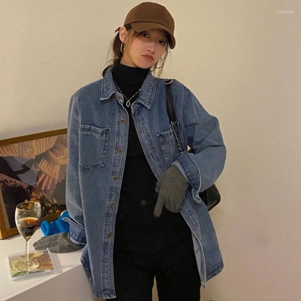 Blouses feminina Spring Autumn Autumn Jeans Jeans Jaqueta Casual Turndown Collar Manga Longa Button Down Camisa Mulher Vintage Baggy Denim Top