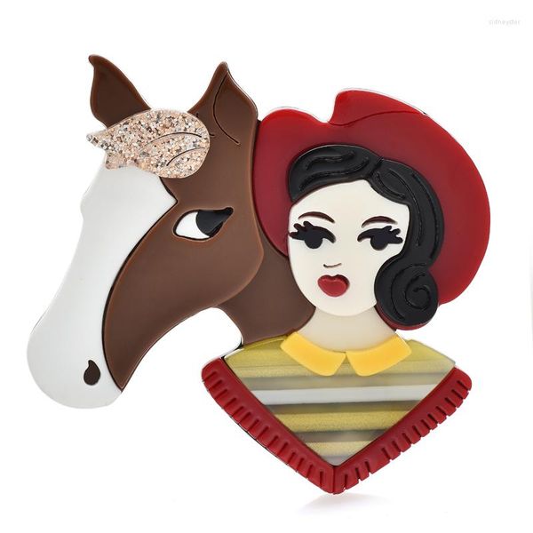 Spille Wulibaby Acrilico Cavallo E Signora Per Le Donne Bellezza Cowgirl Figura Partito Causale Spilla Perni Gioielli Di Moda Regali