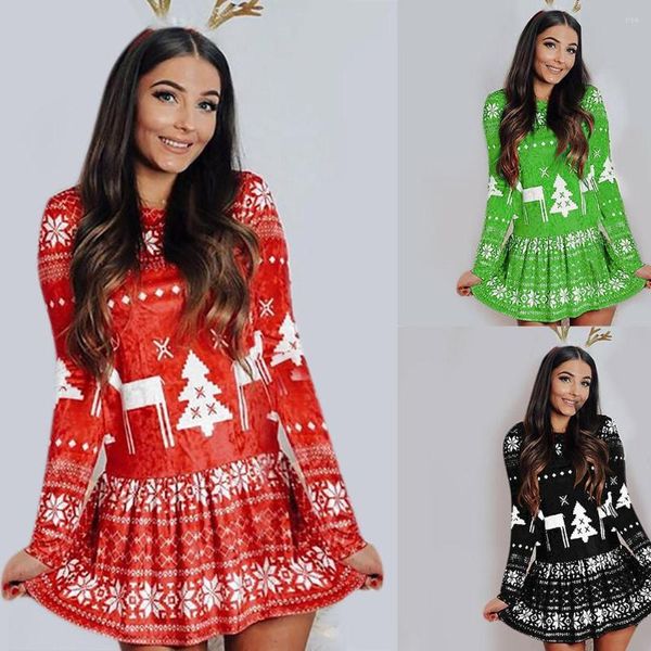 Lässige Kleider Schlankes langes Frauenkleid Weihnachten O-Ausschnitt Ärmeldruck Kurz Patchwork Damen Teenager für Damen Sommer