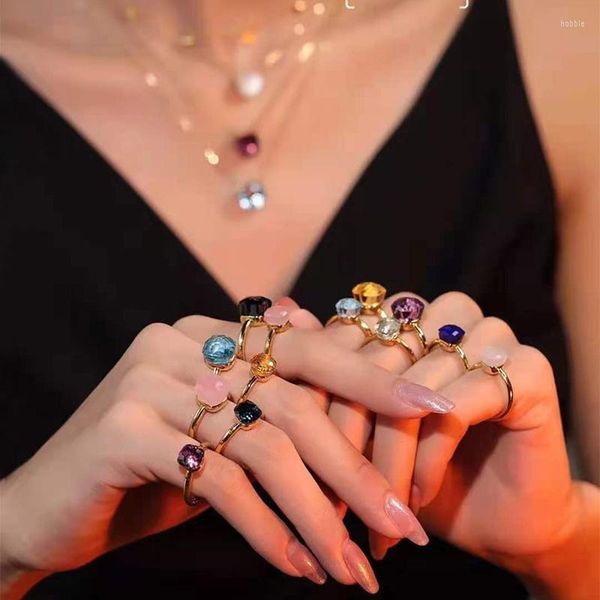 Ringos de cluster Designer original S925 Sterling Silver Square Candy Color Crystal Ring Aberto Aberto de joias de luxo elegante de luxo