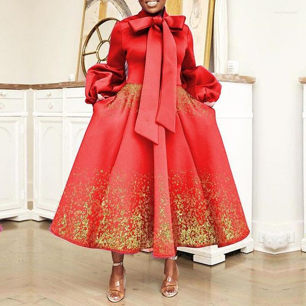 Этническая одежда Большая ножная шея африканские платья для женщин повседневное рукав с фонариком красное платье для печати Дашики одежда вечерняя вечеринка