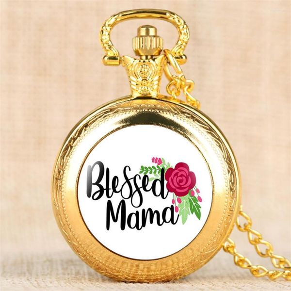 Taschenuhren, luxuriöse goldfarbene „Blessed Mama“-Display, Vollquarz-Uhren mit Anhänger und Halskette, coole Geschenke für den Muttertag