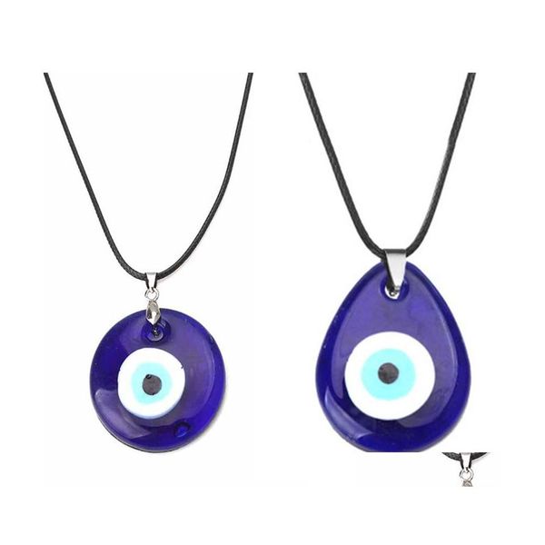 Anhänger Halsketten Mode Runde Evil Blue Eye Halskette Männer Glas Leder Seil Kette Türkische Schutz Glück Mädchen Womennecklaces Je Dhhzj