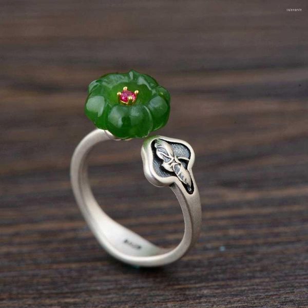 Anelli a grappolo FNJ Anello in argento 925 per gioielli da donna Originale puro S925 Sterling naturale Hetian Jade Green Flower