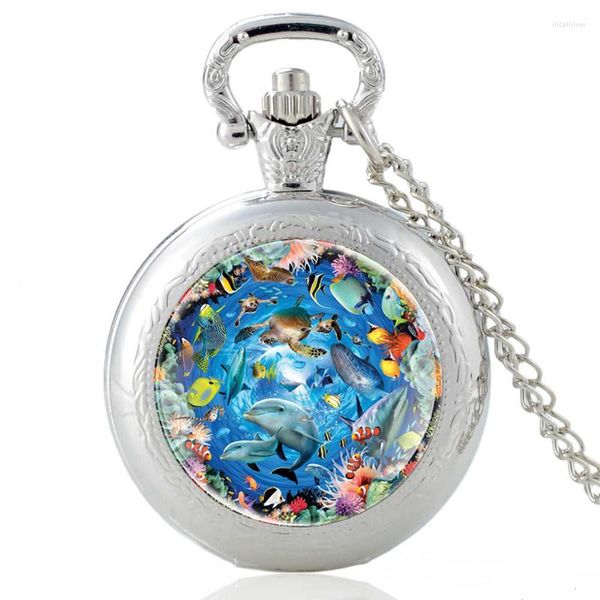 Taschenuhren, einzigartiges Ozean-Welt-Design, Vintage-Quarzuhr, Charm-Anhänger, Uhr, Herren, Damen, Glaskuppel, Halskette, Geschenke