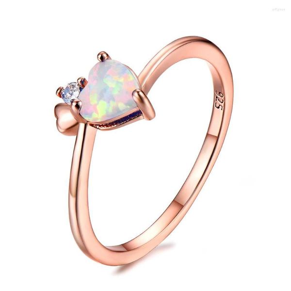 Anéis de casamento Hainon moda Mystic Fire White/Blue Opal Red Lovely Heart Ring For Women Rose Gold Color encheu Promise de pedra de nascimento