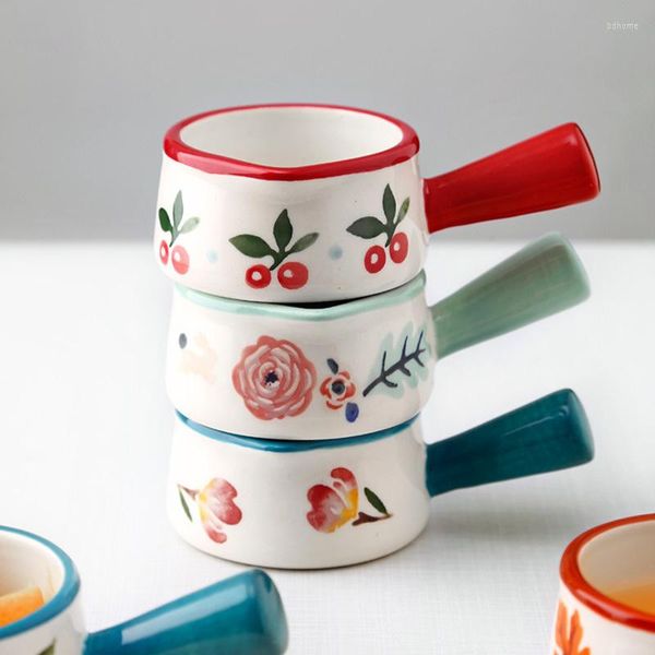 Teller Mini-Keramikschale Kaffeemilch Tasse mit Griff Japanische Blumenhandzeichnung Soße Aufschäumkrüge Topf Küche Snackteller