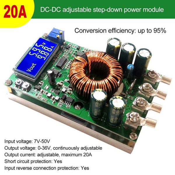 7-50V-0-36V 20A DC Ayarlanabilir Adım Aşağı Aşağı Güç Kaynağı Modülü CV CC LCD Çift Ekran Dijital Akım Voltaj Ölçer