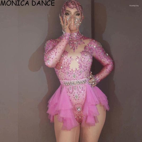Bühne tragen Sexy Rosa Strass Party Bodysuit Frauen Elastische Strumpfhosen Mesh Rüschen Kristall Nachtclub Tänzer Trikot