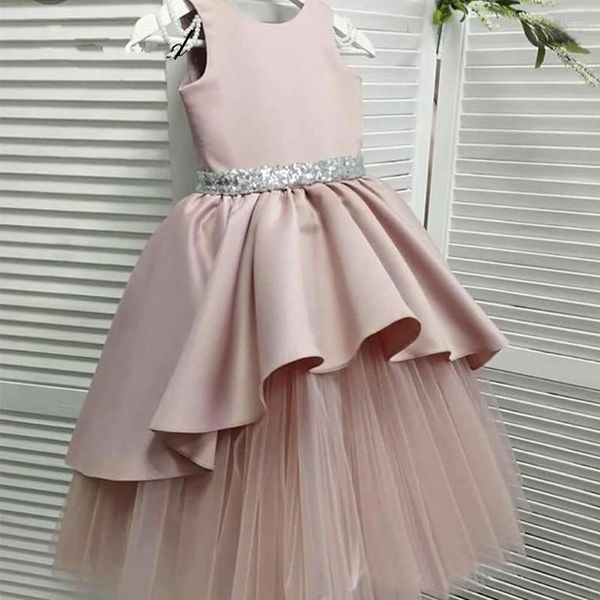 Mädchen Kleider A-Linie Erröten Rosa Blume Für Hochzeit Perle Schulter Schichten Abend Kinder Kleid Pailletten Schärpe Mädchen Ballkleid vestidos