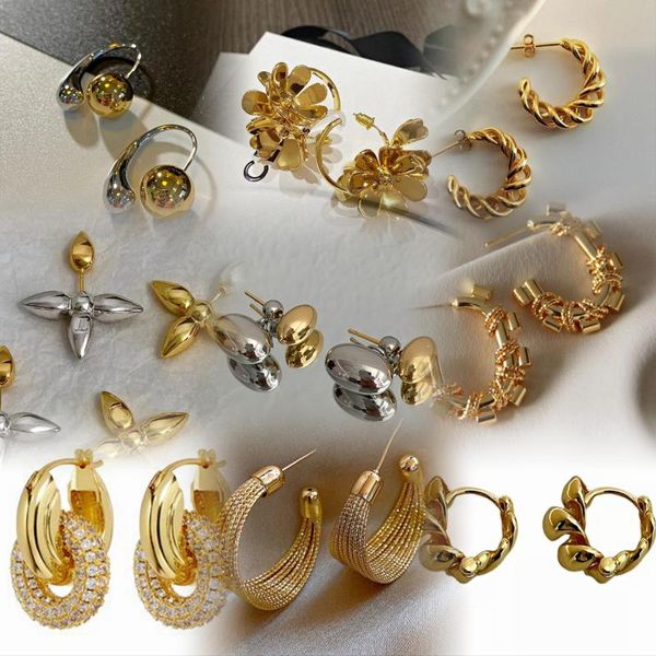 Çember Küpe Lüks Modern 18K Altın Kaplama C Chape İnci Zirkonlar Tıknaz Yuvarlak Çiçek Çapraz İki Ton Ton Twist Ear Circle Detay Takı