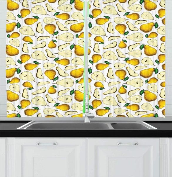 Cortina Terra branca Terra amarela e verde Frutas de cozinha Desenhada manualmente como peças completas Peas de janela de cortinas de janela