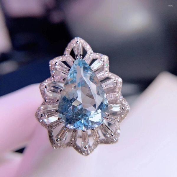 Cluster Rings H1106 Aquamarine Ring Fine Jewelry Pure 18K Gold Natural 5.63ct Blue Gemstones